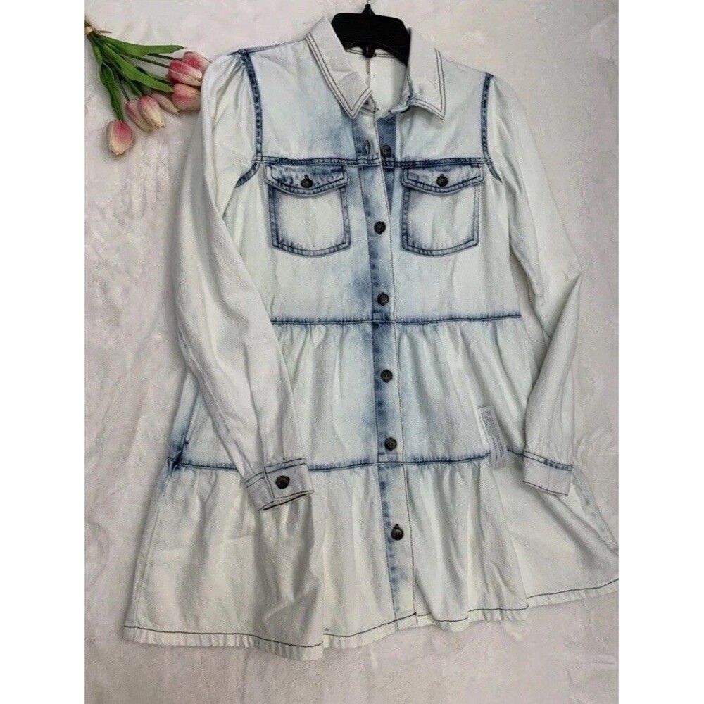 Free People Nicole Denim Jean Tiered Cute Babydoll Washed Shirt Dress S $108 - Picture 3 of 9